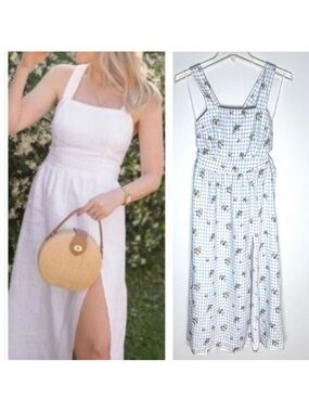 Reformation Elara Linen Midi Dress in Al Fresco Check Floral Sz 0
